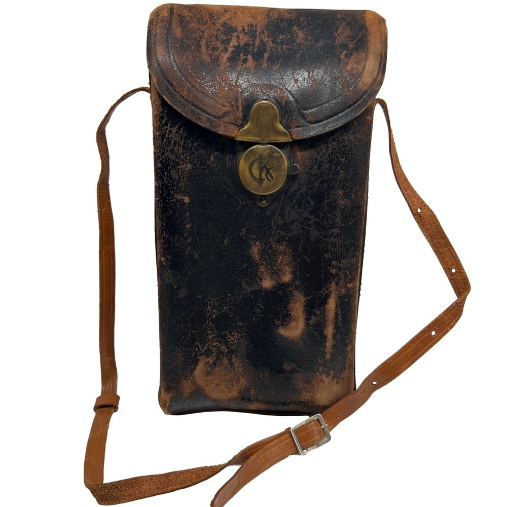 Antique Leather Folding Camera Case Only With Working Clasp And Leather Strap